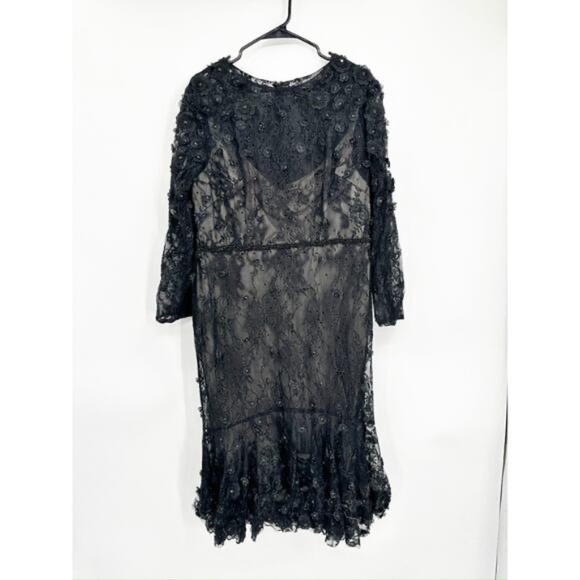 Mac Duggal 67703 Black Floral Appliqué Long Sleeve Cocktail Midi Dress Size 16 - Picture 4 of 8